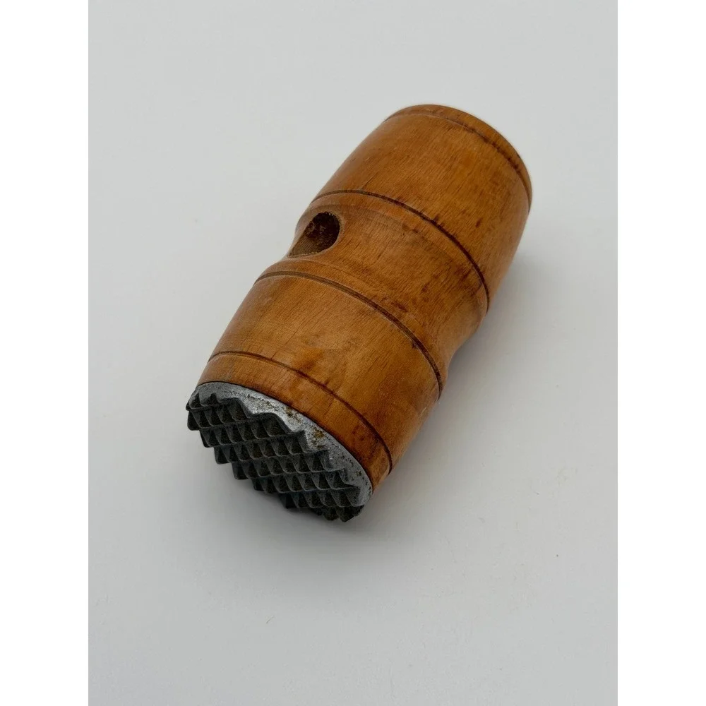 Vintage Wooden Barrel Meat Tenderizer Mallet Primitive Spiked Metal Head Tool